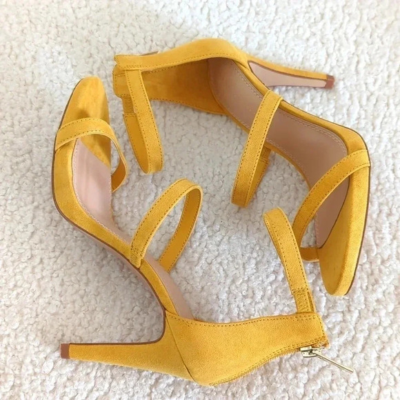 Kelly & Katie 3 Strap Dark Yellow Suede Heels - Picture 3 of 8